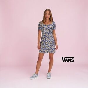 Vans, Floral Mini Dress, XS Blue Yellow, Smocked Back Stretch Summer